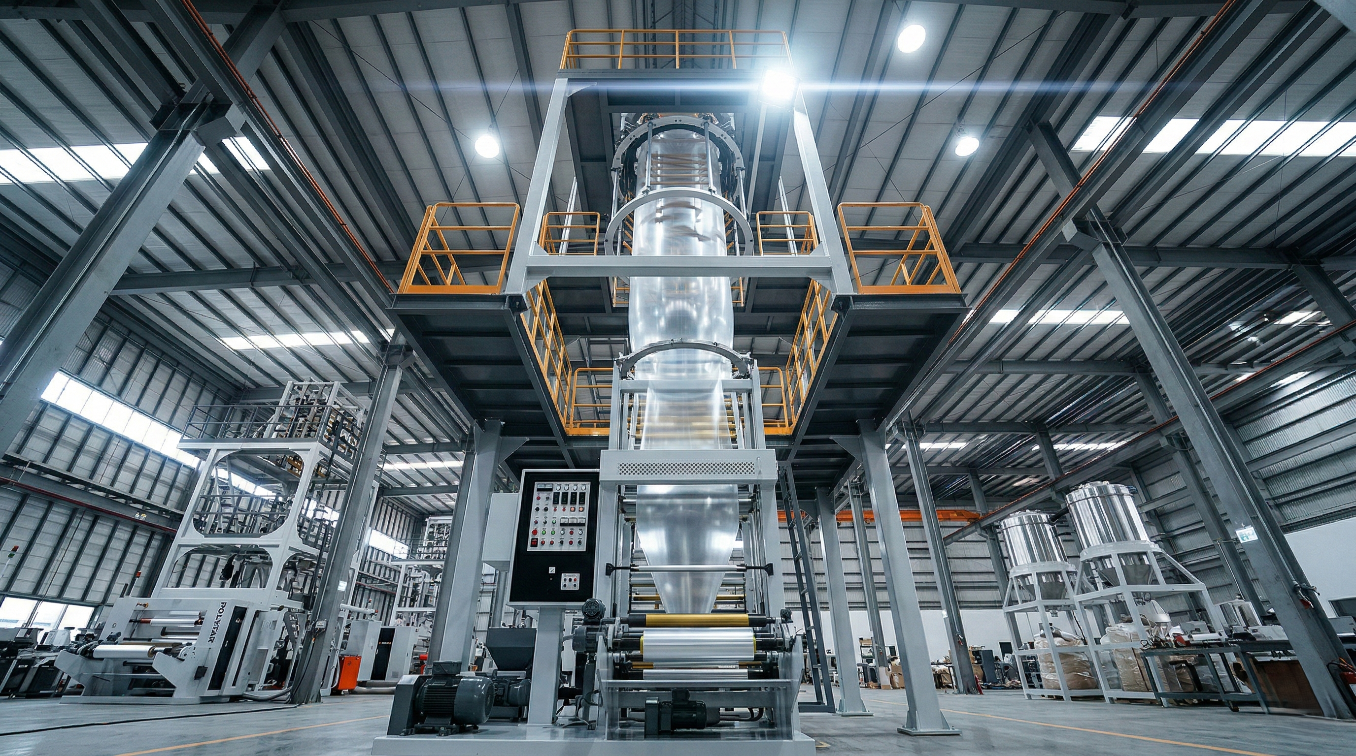 Blown-film extrusion machine producing a plastic film bubble rising vertically