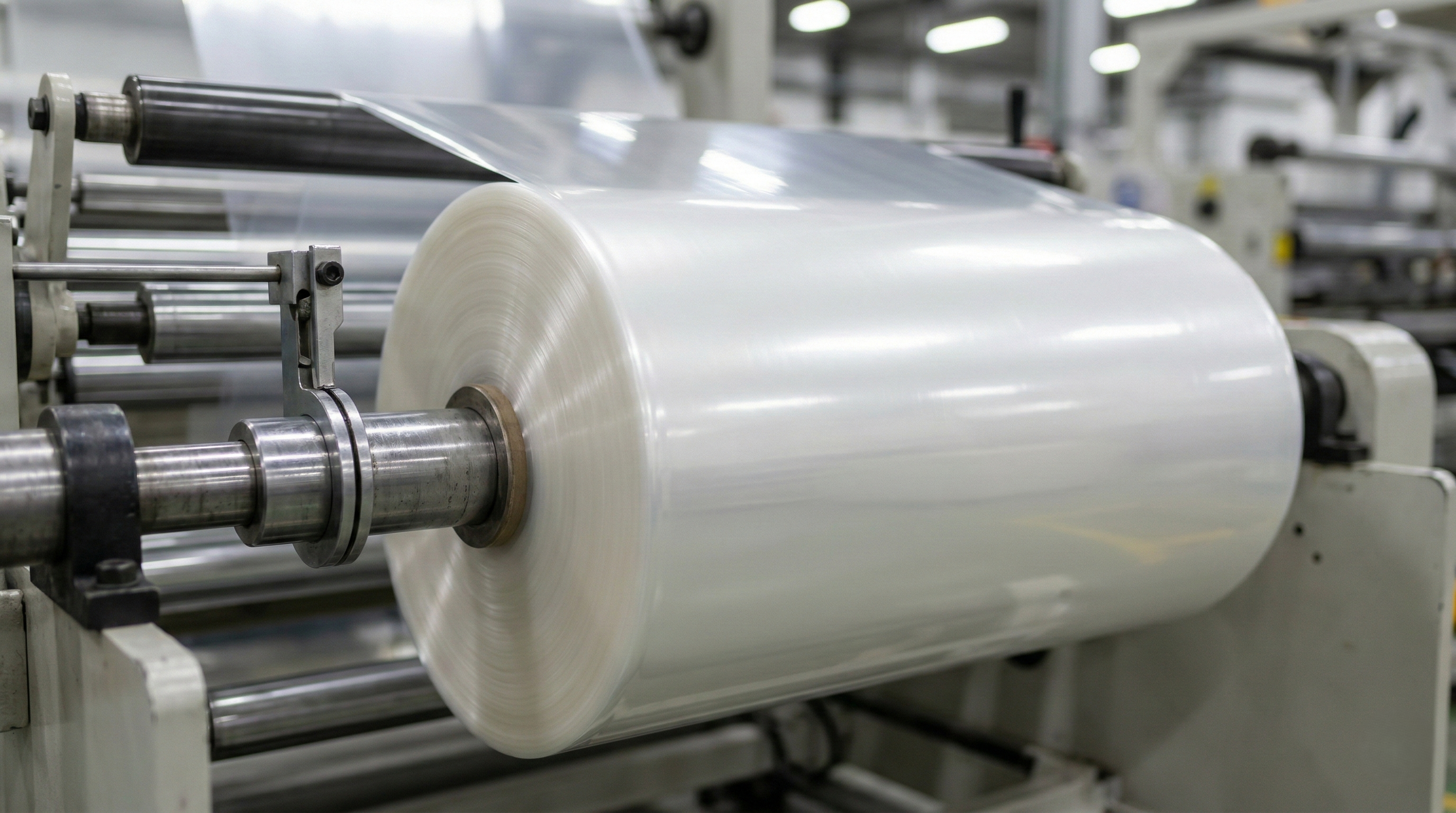 Close-up of a freshly extruded roll of translucent plastic bag film on a winding mandrel