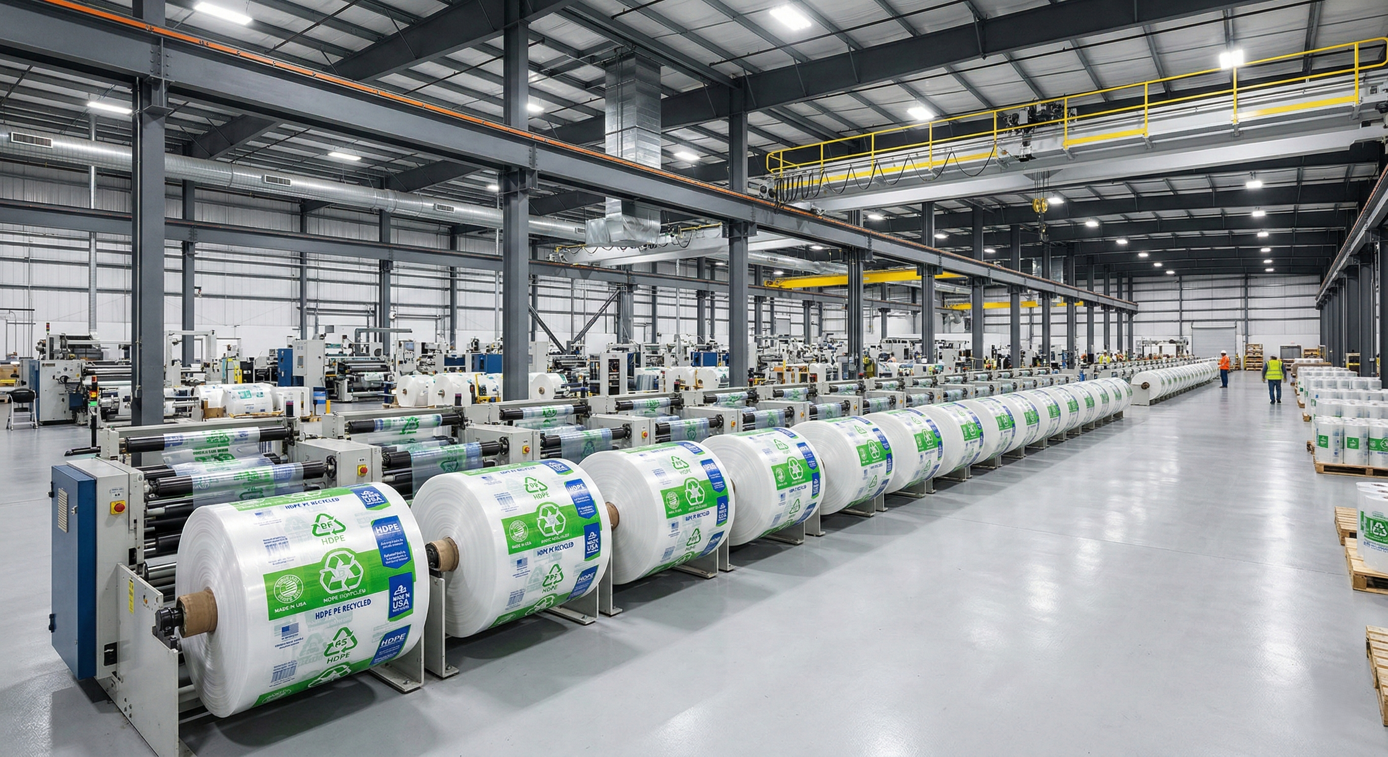 Row of finished rolls of plastic bags on a production line