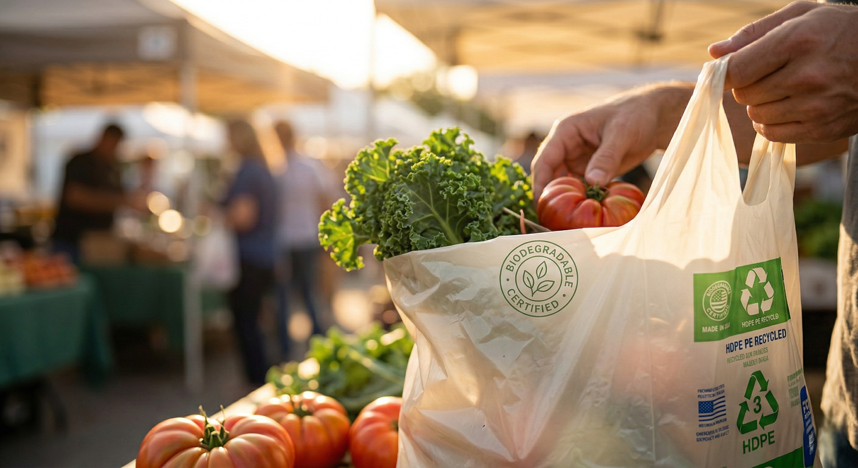 Grocery bag made from recycled biodegradable plastic being filled with produce at farmers market