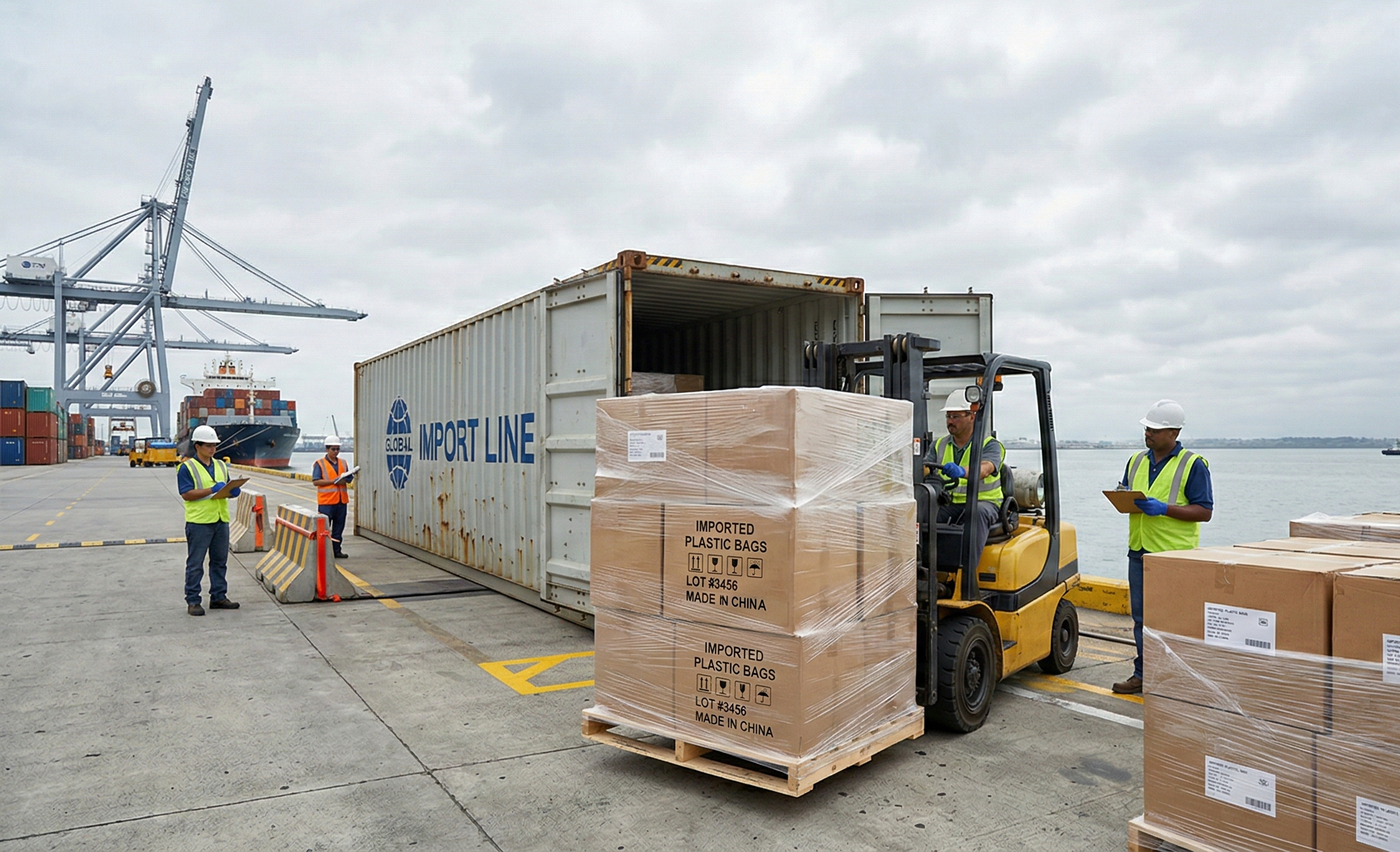 Shipping container being unloaded at a port, pallets of imported plastic bags